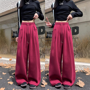 红色裤子女加绒加厚秋冬季2026新款宽松直筒休闲慵懒阔腿运动卫裤