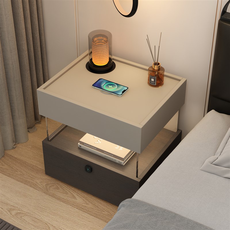 意式极简床头柜带灯一体悬浮式床边柜E无线 线充高级感指纹锁收纳