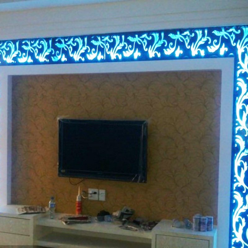 定做艺术玻璃烤漆花镜细长电视餐厅沙发四周背景墙吊顶背内打灯藤