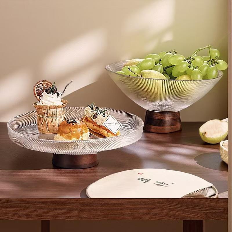 新中式现代高档简约高脚玻璃水果盘中古高级感样板间创意零食摆件