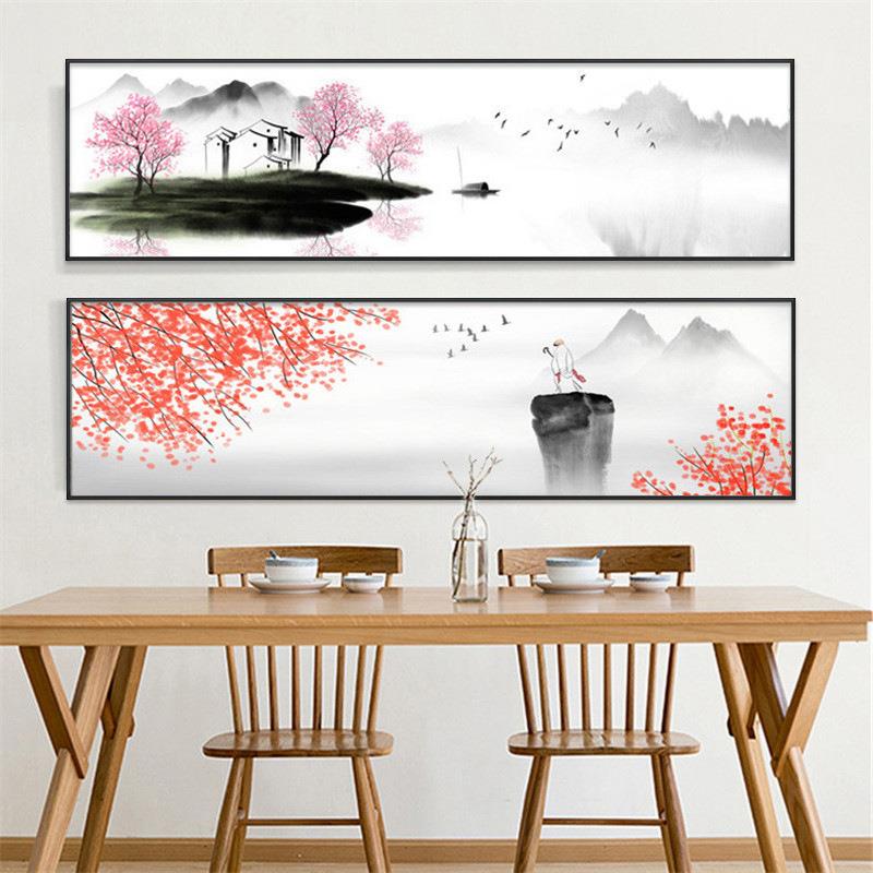 水墨禅意新中式客厅装饰画现代抽象山水横幅长条酒店卧室床头挂画