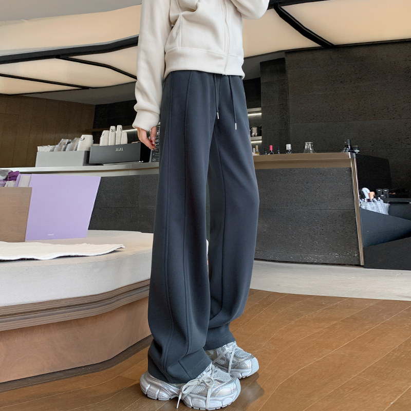 加绒运动裤女秋冬2024新款直筒阔腿裤休闲冬季加厚卫裤羊羔绒裤子