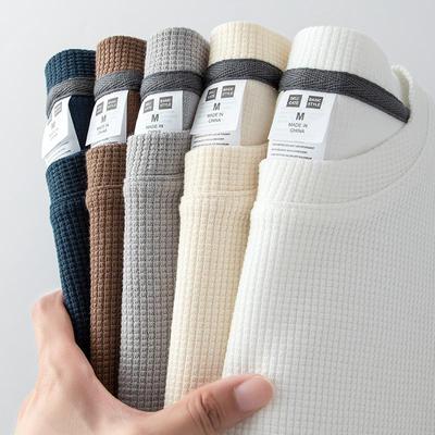 华夫格长袖t恤男春白色针