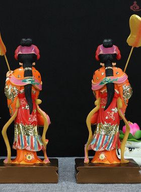 中式12寸七彩敦煌左右宫女玉皇大帝左右侍女佛像树脂神像家居摆件