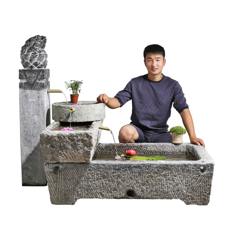 老旧石槽马槽牛槽鱼缸流水组合室内酒店庭院水槽景观石头造景石缸
