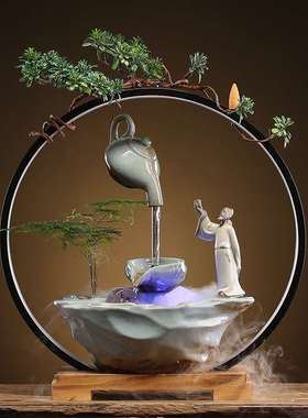 新中式陶瓷悬壶流水招财摆件水车转运高档工艺礼品摆饰家用客厅玄