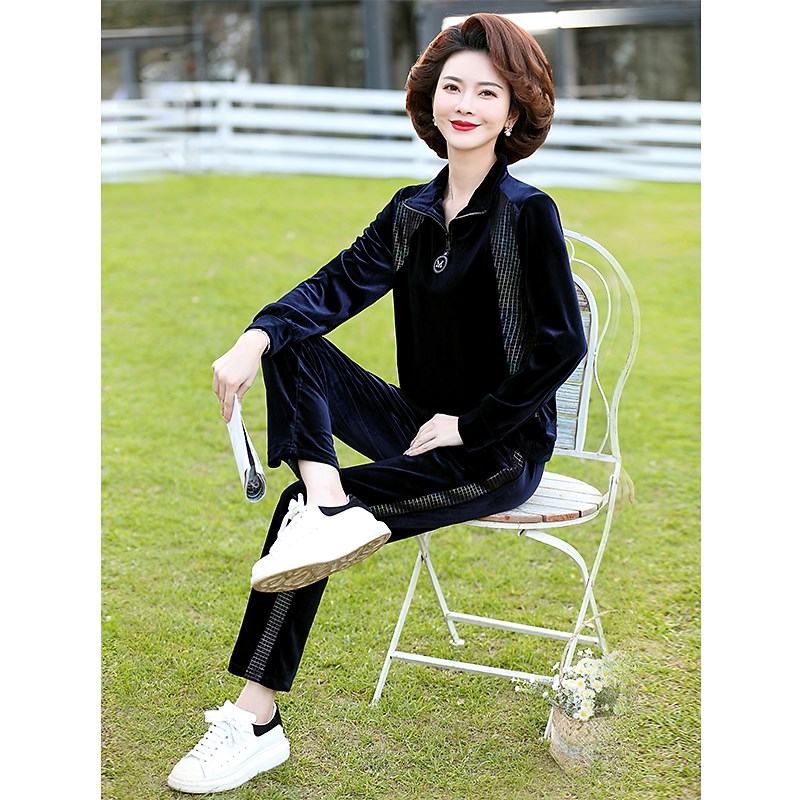 新款妈妈春秋洋气金丝绒卫衣中年女春装时尚运动服中老年休闲套装