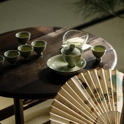 下觅青釉工粉GW彩手绘幽兰夫高足盖碗功茶具茶碗手不烫手