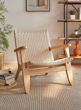 F662D8-7ins实1木藤编椅家用客厅扶阳台靠背椅简约手单人沙发椅懒