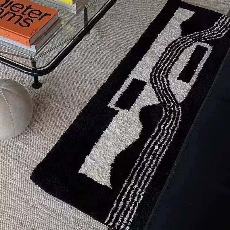 植绒地毯现代简约中古风几何黑白客厅卧室床边毯衣帽间加密机织