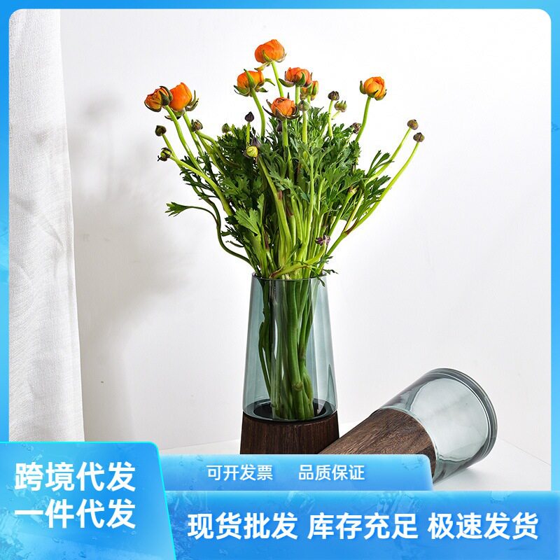 简约现代ins创意木桶透明玻璃花瓶客厅干花插花装饰桌面花艺摆件