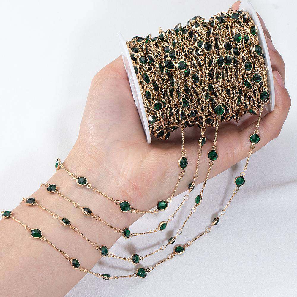 纯铜包边玻璃夹水钻 墨绿钻链 保色电镀服饰辅料 手链饰品配件