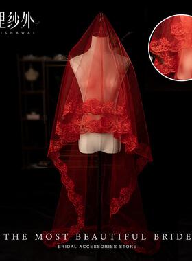 欧美新娘单层头纱婚纱礼服配饰结婚蕾丝花边头纱香槟白色红色