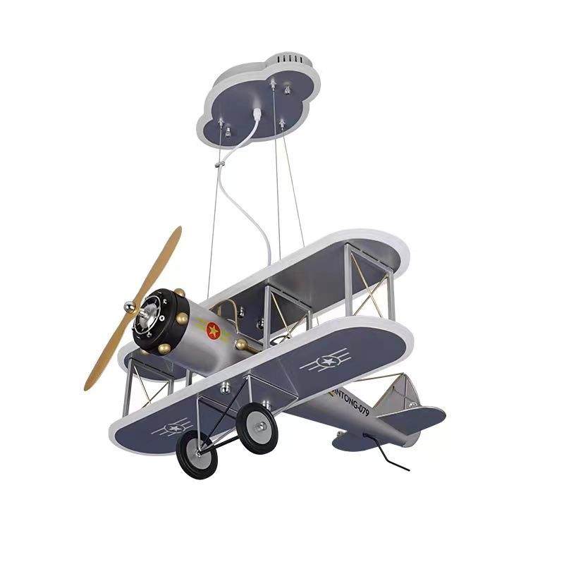 铁艺飞机灯儿童房卧室房间吊灯战斗机银白卡通造型灯具