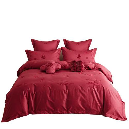 百喜新中式婚庆长绒棉贡缎结婚四件套全棉纯棉绣花红色床上用品