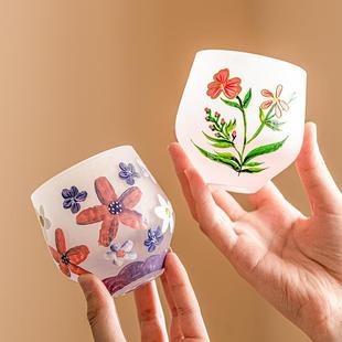 描金手绘花卉杯彩色琉璃杯主人杯单个高颜值玻璃杯耐高温茶杯单杯