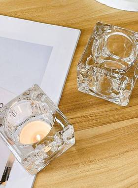 现代透明玻璃水晶光面冰块烛台家居餐厅咖啡厅酒吧装饰正方形蜡烛