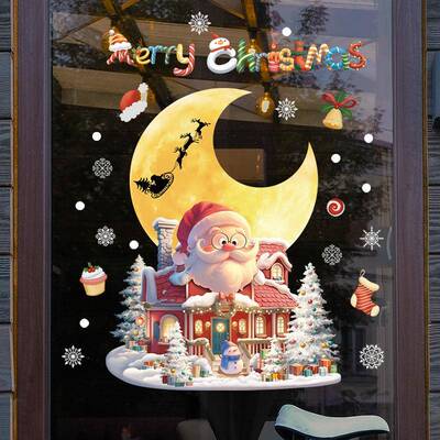圣诞节静电贴画圣诞树橱窗玻璃贴花圣诞老人月亮墙贴画SDJ-34142