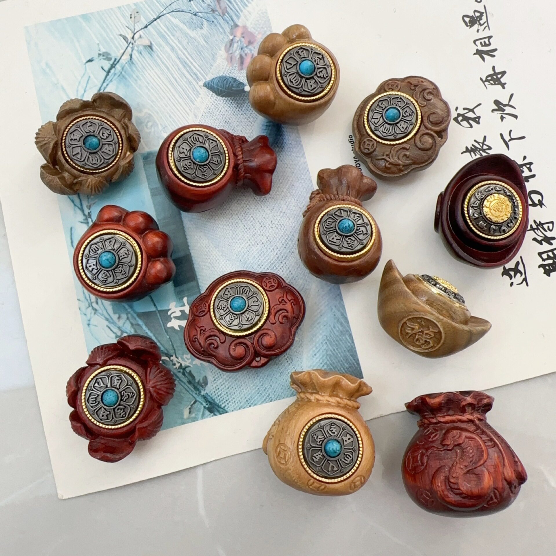 紫檀木莲花钱袋钥匙扣转钱手机链
