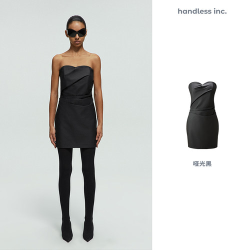 handless inc | leather系列-不规则褶皱皮抹胸裙