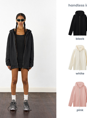 handless inc 欧美街头连帽卫衣开衫系列-长款 连帽宽松拉链卫衣