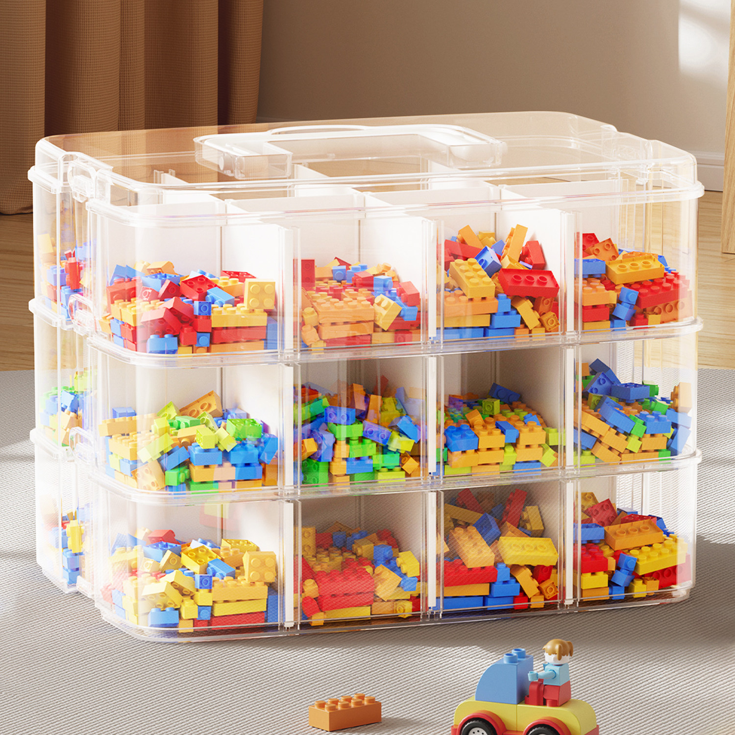 积木收纳盒透明乐高颗粒整理箱儿童玩具多层分格储物盒桌面收纳盒