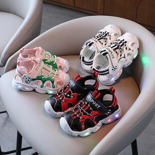 学步鞋 男童凉鞋 宝宝夏季 儿童发光包头护脚防踢轻底沙滩鞋 2023新款