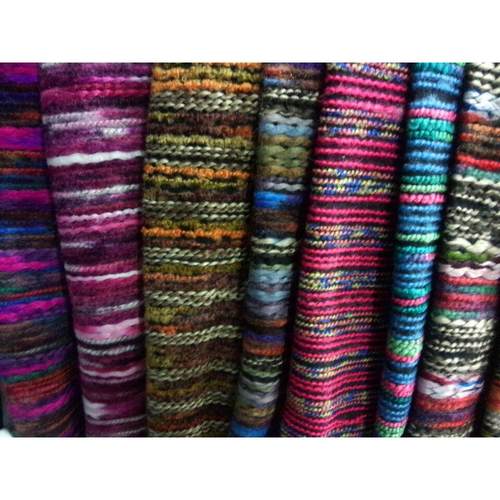 爆款七彩毛线绣呢料经典横条女装时装呢电脑印花面料