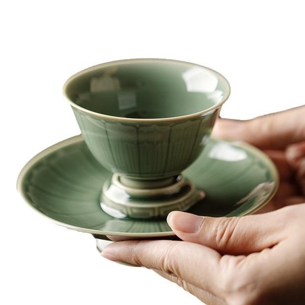 日式越窑青瓷手工雕刻莲瓣主人杯茶杯杯垫杯套茶具整套茶盏茶托