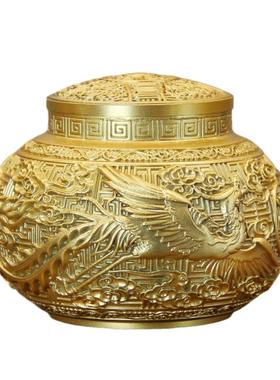 全黄铜龙凤祥云茶叶罐带盖龙凤铜储蓄罐办公室创意铜器金属铜摆件