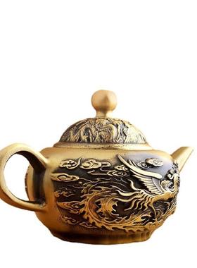 黄铜龙凤壶水滴壶仿古双龙壶工艺品摆件纯黄铜茶壶家居办公室桌面