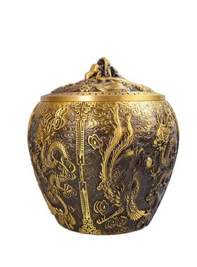 宏达全黄铜浮雕龙凤茶叶罐创意家居储物罐铜器礼品摆件