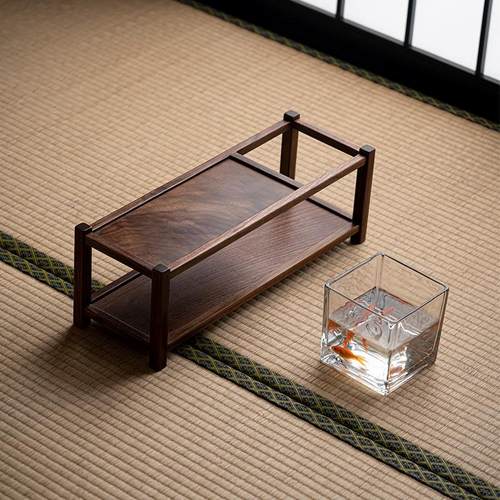 北美黑胡桃木茶具茶杯收纳架带鱼缸实木博古架桌面置物架