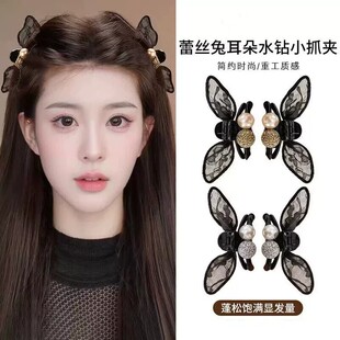 韩系黑色蕾丝蝴蝶结精灵耳发夹高级感前额侧边刘海头发夹子头饰女
