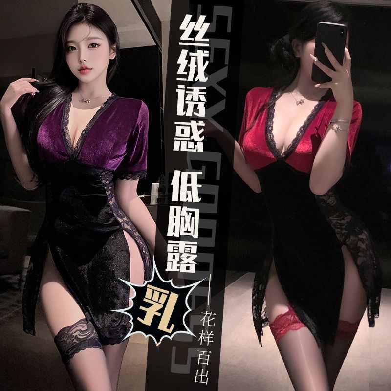 紫色气质睡裙纯欲丝绒蕾丝拼接古风旗袍显瘦性感内衣收腰制服睡裙