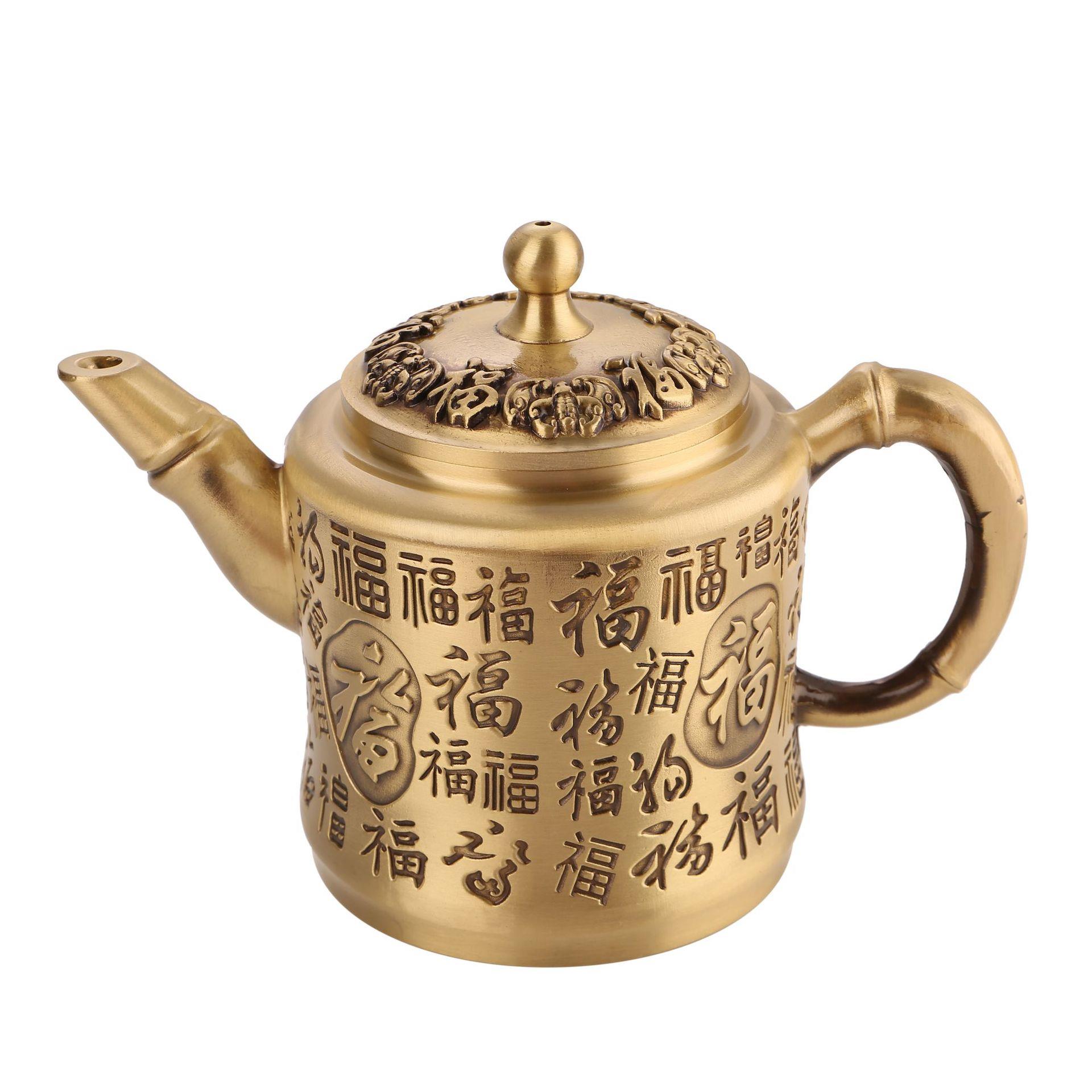 黄铜浮雕百福茶壶手把壶摆件金属工艺品茶具仿古侧把酒壶家用