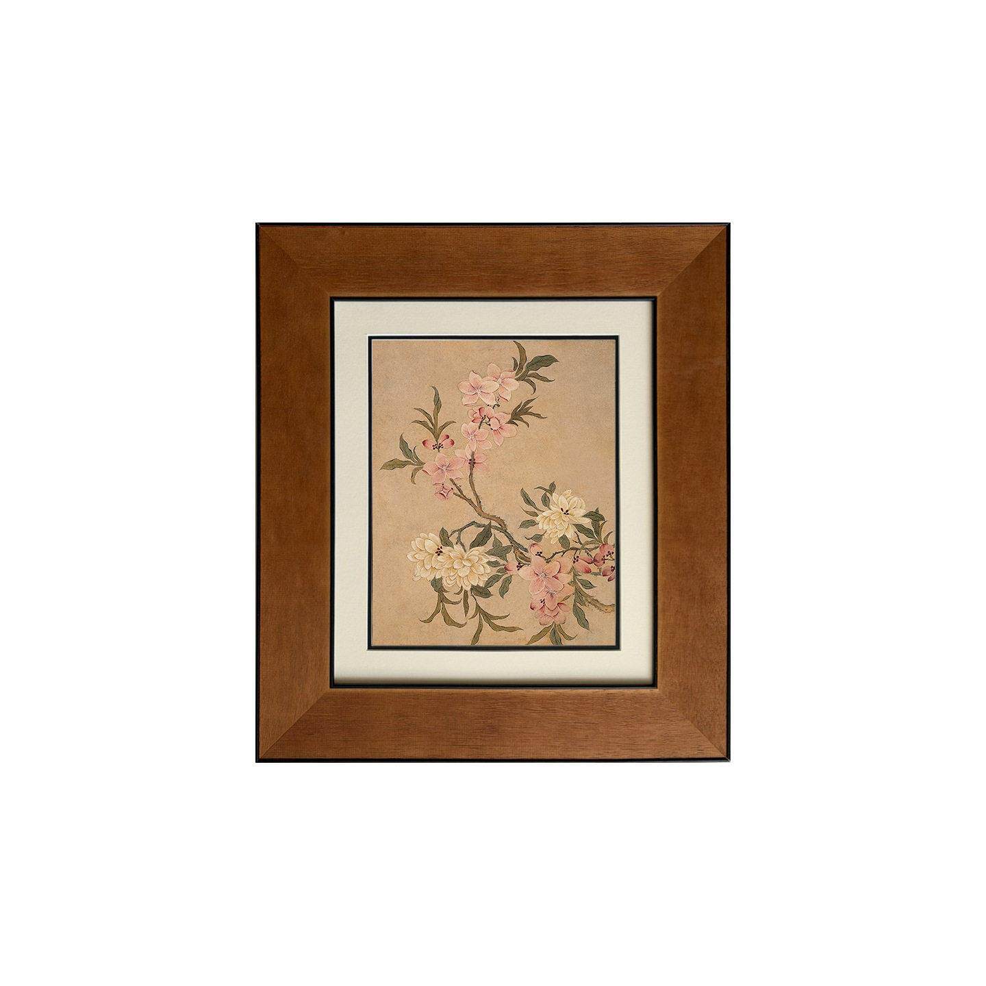 实木框中古风竖版玄关摆柜壁画花鸟新中式复古餐厅淡雅卧室挂画