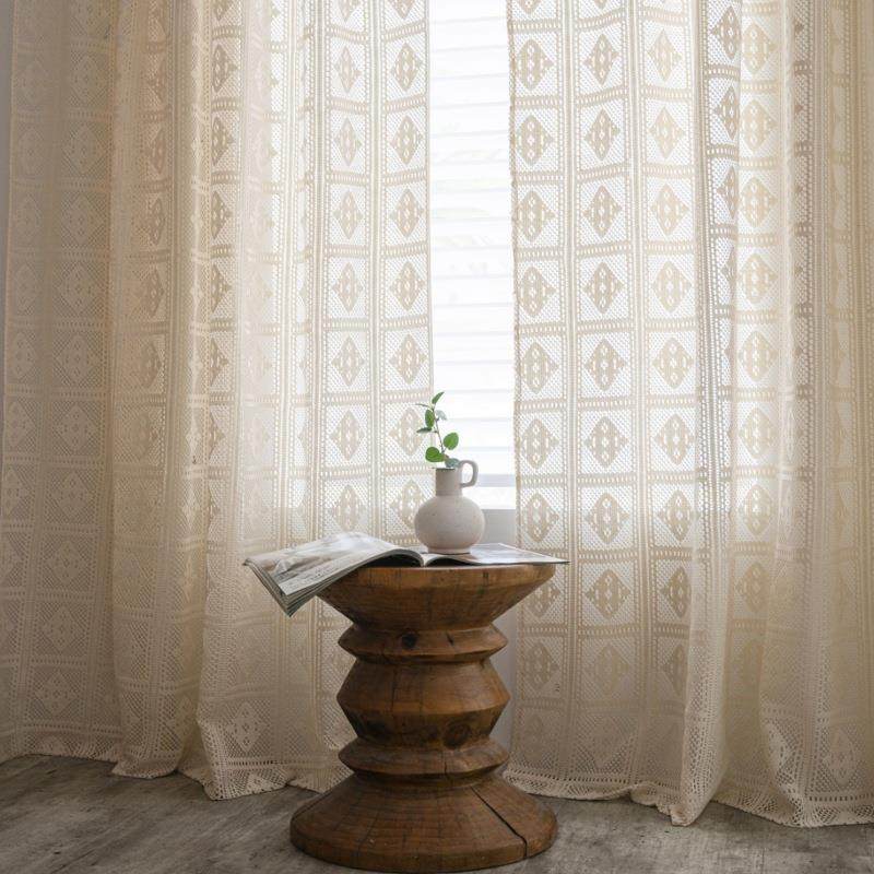 成品窗帘棉线透光复古镂空窗帘美式乡村落地卧室帘厂家