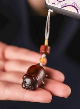 檀木小猪手机链吊坠DIY女生可爱趴趴猪男汽车钥匙扣挂件饰品