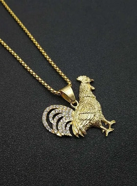 欧美爆款嘻哈hiphop饰品 钛钢镀金镶钻动物鸡生肖吊坠项链