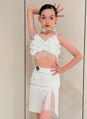 A251166-辰拉舞服女丁舞服练习服立体花朵珍珠仙气流两件式苏裙重