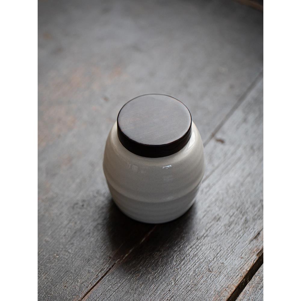 良元静品茶瓷器 浅木灰釉陶便FFH携小巧茶仓 复古黑檀木盖茶叶草