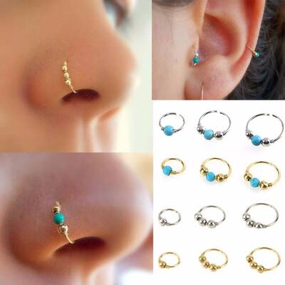 极速3PcsSet Fashion Retro Round Beads Gold Color Nose Ring F