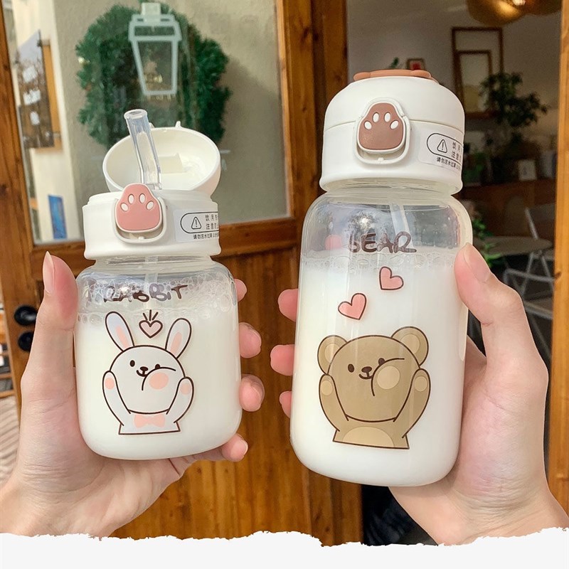 可爱风学生吸管玻璃杯清新简约森系可携式水杯带熊掌高颜值水杯