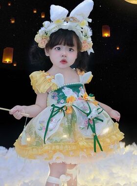 极速发光灯笼裙抖音同款网红儿童玉兔蓬蓬连衣裙国风中秋洛丽塔公