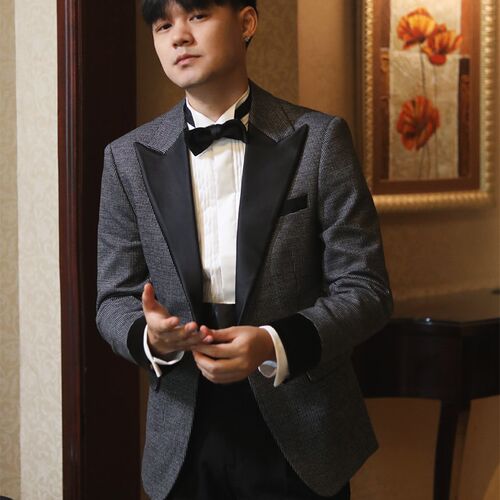 好货英伦经典格子缎面拼接戗驳领结婚主持晚会正装塔士多西服礼服