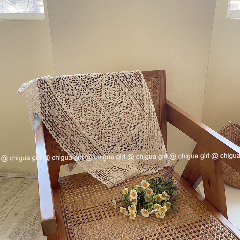 ins风纯棉桌布餐垫钩针蕾丝镂空简约田园纯色台布拍摄背景布道具