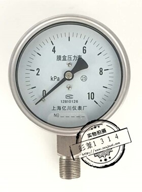 YE100BF不锈钢膜盒压力表0-10KPA微压表千帕表耐高温防腐蚀燃气表