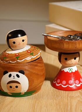 木雕娃娃顶托盘熊猫收纳罐钥匙首饰储物盒玄关入户创意小摆件礼物