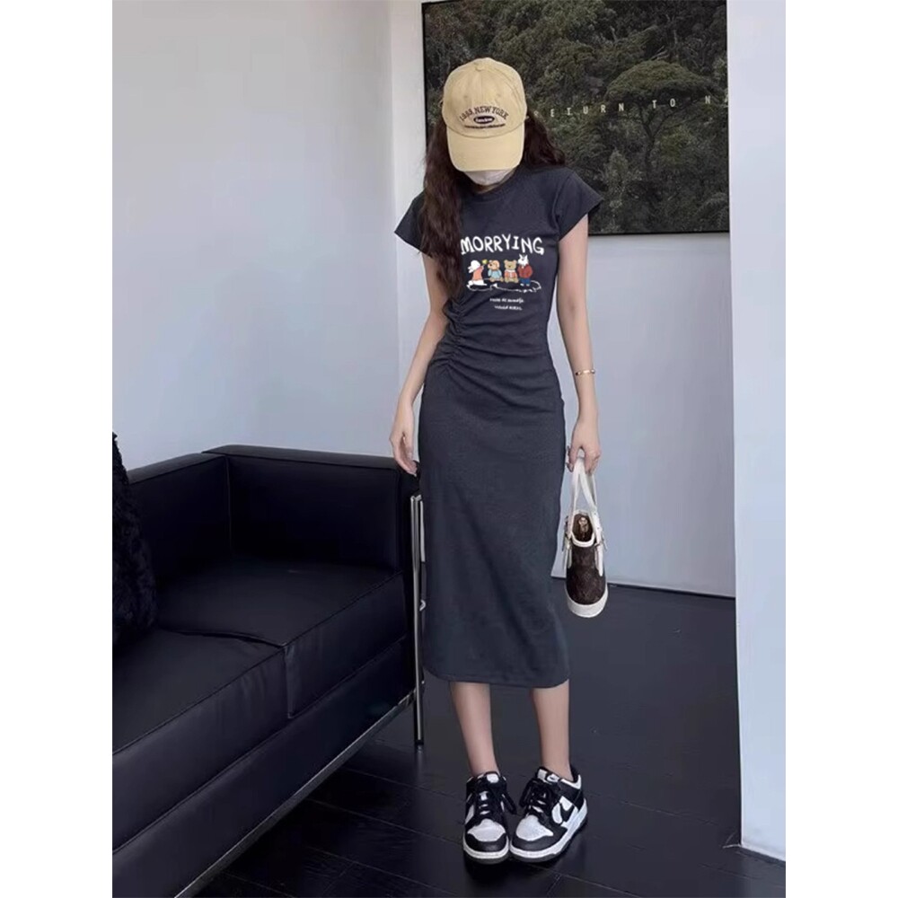 灰色印花短袖T恤裙女夏季褶皱收腰辣妹修身显瘦中长款包臀连衣裙